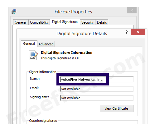 Screenshot of the VoiceFive Networks, Inc. certificate